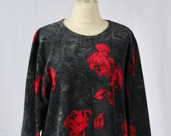 Vintage Floral Roses Motif Long Sleeve Velour Top Size 46