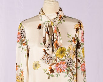 Vintage Madeleine Cream Floral Sash Tie Blouse F 36