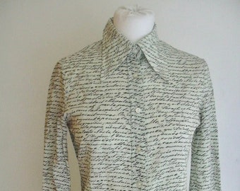 Vintage Swimanga Pale Green Black French Text Blouse F 36 US 4