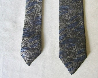 Vintage Gray and Blue Brush Strokes Motif Skinny Neck Tie