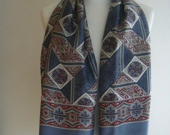 Vintage Steel Blue Paisley Geometric Motif Wide Silk Scarf