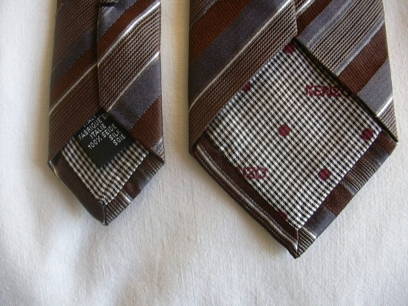 Vintage Kenzo Mocha Brown Anthracite Pearl White Striped Skinny Narrow Silk Neck Tie