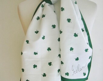 Vintage Ireland Shamrock Clovers White Green Polyester Rectangle Scarf