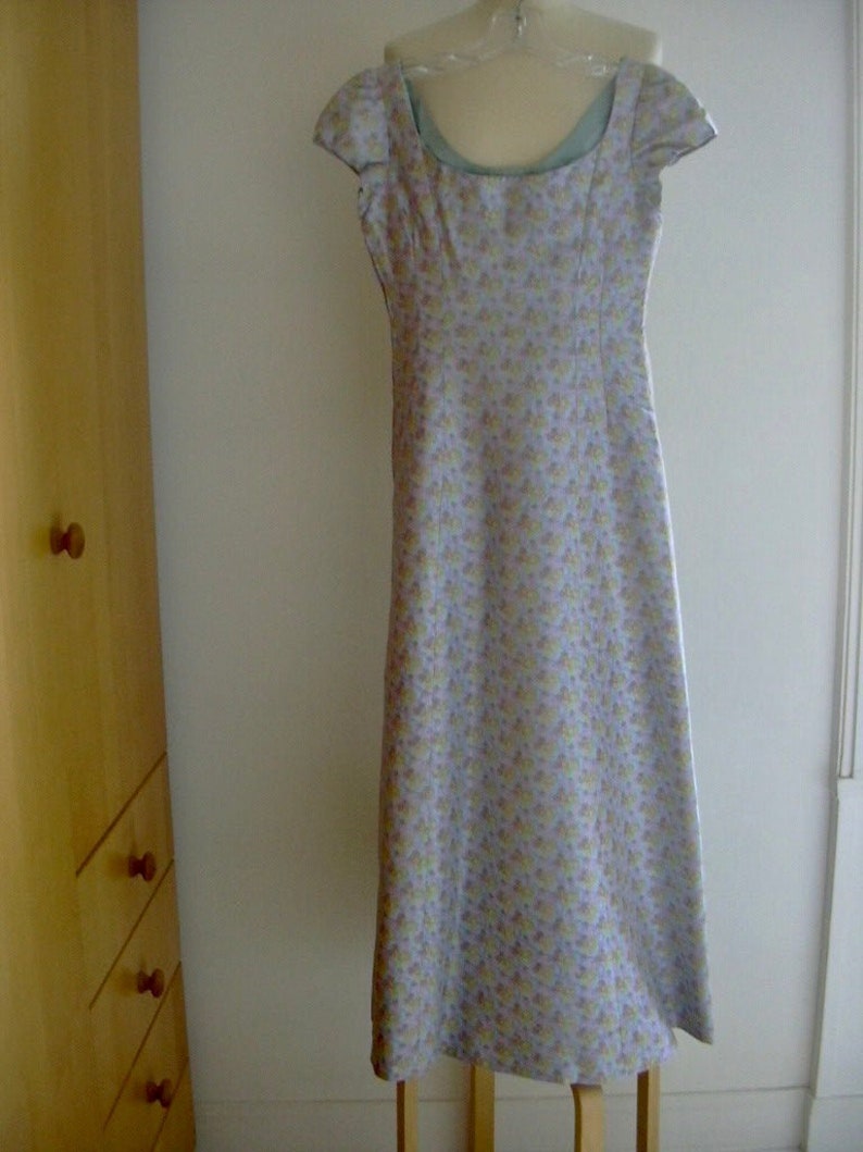 1960s Vintage Empire Waist Floral Light Blue Silk Gown Maxi Long Dress Short Sleeve XXS-XS