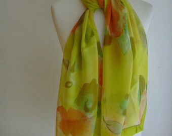 Vintage Bright Yellow Orange Floral Silk Chiffon Shawl