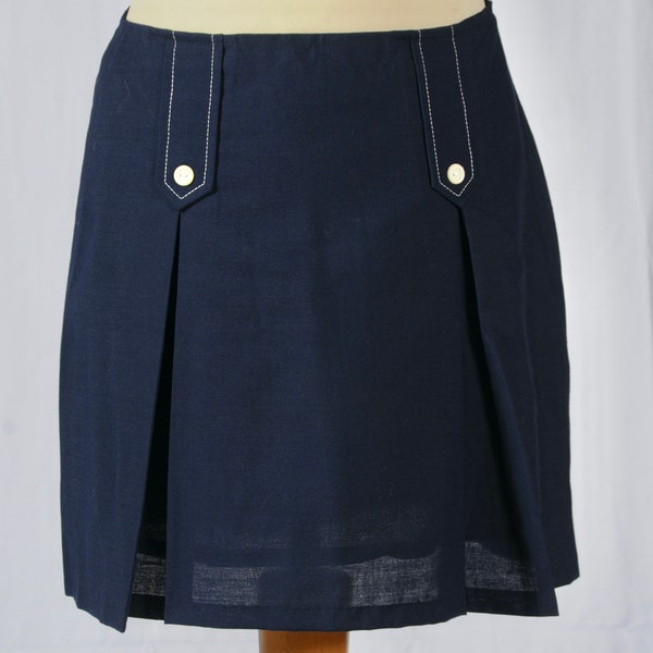 Navy Wool Plain Weave Pleated 4-Bar Skirt