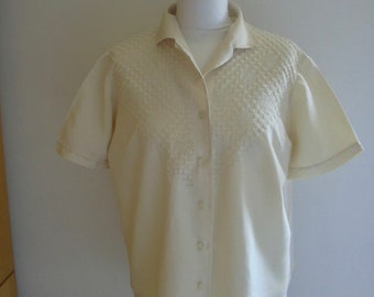 Vintage Cream SIlk Short Sleeve Blouse Size Large