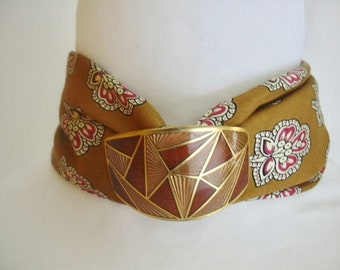 Vintage Silk Choker Wrist Wrap Golden Carmel Raspberry Red  Art Deco Style Buckle