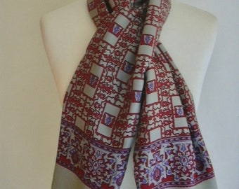 Vintage Pale Gray Cherry Red Violet Purple Abstract Motif Wide Rectangle Scarf