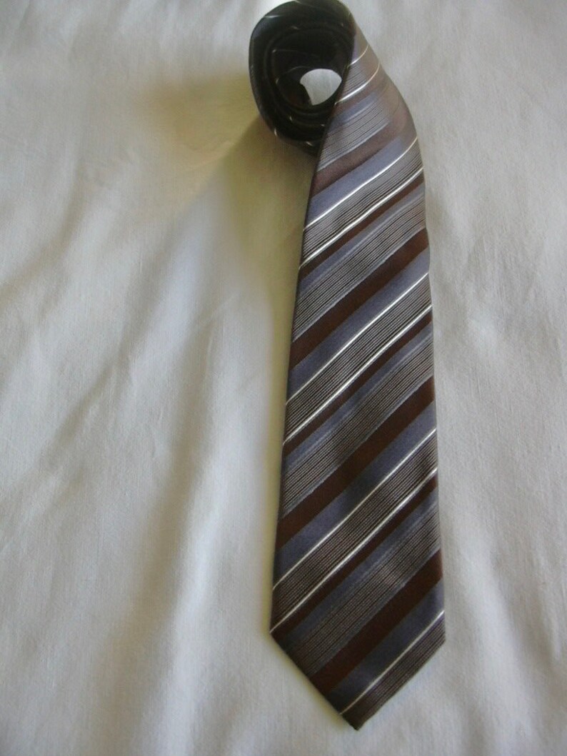 Vintage Kenzo Mocha Brown Anthracite Pearl White Striped Skinny Narrow Silk Neck Tie