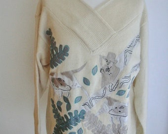 Vintage Kabri Farmer with Cows Patchwork Cream Sweater Medium