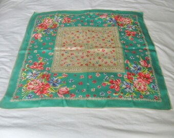 Vintage Bright Floral Aqua Border Viscose Scarf