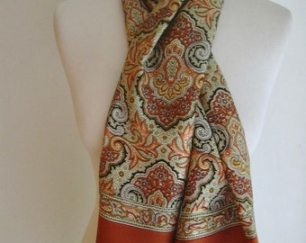 Vintage Burnt Orange Paisley Silk Rectangle Scarf