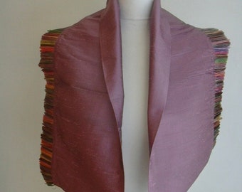 Vintage Papagenza Ile de Re Mauve Purple Raw Silk Multi-Color Raffia Trim Scarf