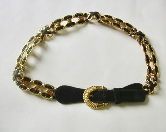 Vintage Black Velour Gold Chain Link Belt Size 80