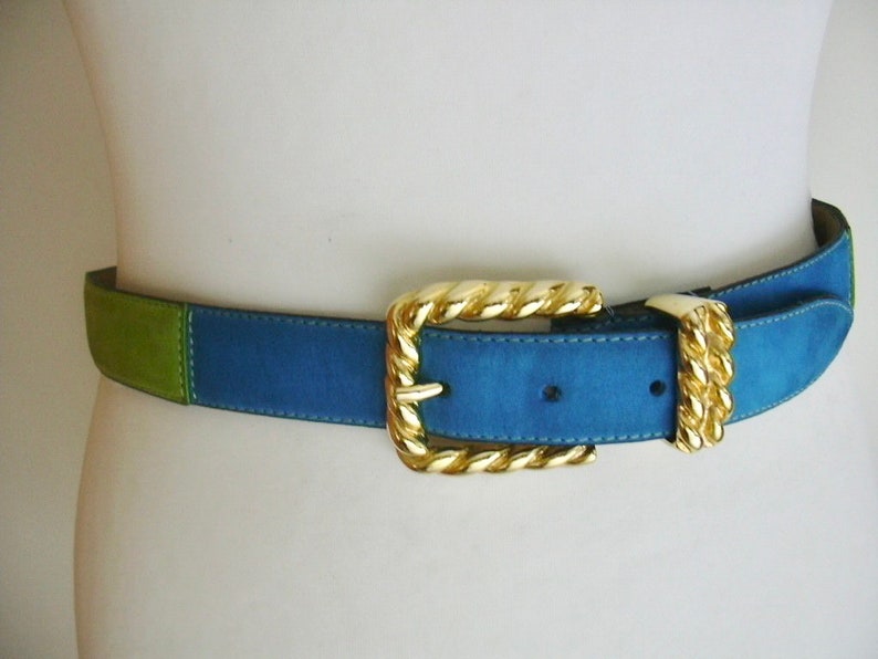 Vintage Guy Laroche Turquoise Green Color Block Suede Belt Size 5/30 image 2