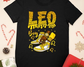 Camiseta de cumpleaños de Leo, camisetas de cumpleaños para hombres afroamericanos, camiseta a juego con zapatillas amarillas del zodíaco, regalo de agosto para hombre negro