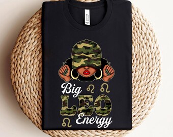 Camiseta de cumpleaños de Leo, Camisetas de reina de cumpleaños afroamericana para mujeres, Camiseta de camuflaje para mujer negra con gran energía Leo, Regalo de agosto para mujer negra