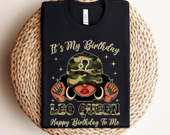 Camiseta de cumpleaños de Leo, Camisetas de reina de cumpleaños afroamericanas para mujeres, Camiseta de camuflaje con gorra de Leo "Es mi cumpleaños", Regalo de agosto para mujeres negras