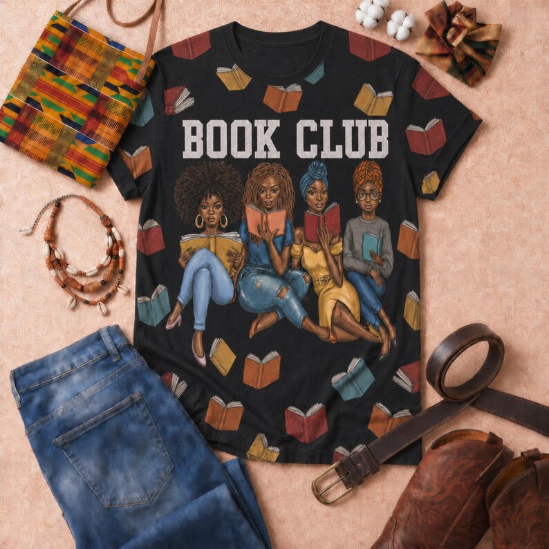May include: Black t-shirt with the text "BOOK CLUB" in white block letters. The shirt features an illustration of four women reading books, surrounded by floating book graphics. The shirt is paired with blue jeans, a patterned bag, and brown accessories.