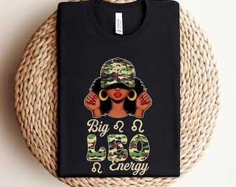 Camiseta de cumpleaños de Leo, Camisetas de reina de cumpleaños afroamericanas para mujeres, Camiseta con gorra de camuflaje Big Leo Energy, Regalo de agosto para mujeres negras