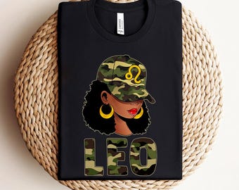 Camiseta de cumpleaños de Leo, camisetas de reina de cumpleaños afroamericanas para mujeres, camiseta a juego con gorra de camuflaje del zodíaco, regalo de agosto para mujer negra