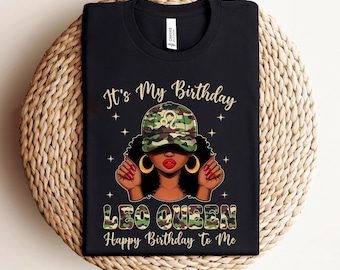Camiseta de cumpleaños de Leo, Camisetas de reina de cumpleaños afroamericanas para mujeres, Camiseta con gorra de camuflaje "Es mi cumpleaños Leo Queen", Regalo de agosto para mujer negra