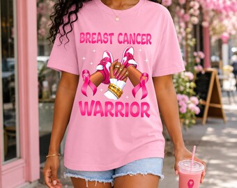 Camiseta de guerrera contra el cáncer de mama, camiseta con lazo rosa y zapatillas deportivas, camiseta de concienciación sobre el cáncer, regalo de apoyo para mujeres supervivientes fuertes.