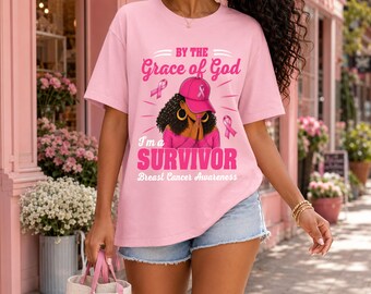 Camiseta para supervivientes de cáncer de mama, camiseta "Por la gracia de Dios", camiseta de concienciación con lazo rosa, regalo para mujeres que luchan contra el cáncer con un enfoque religioso.