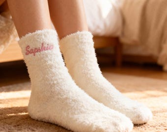 Personalized Embroidery Coral Velvet Socks, Custom Name Gifts