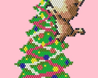 Cat on Christmas Tree, Stitch PDF Pattern, Miyuki Delica 11/0 Beading Charm (Digital Download)