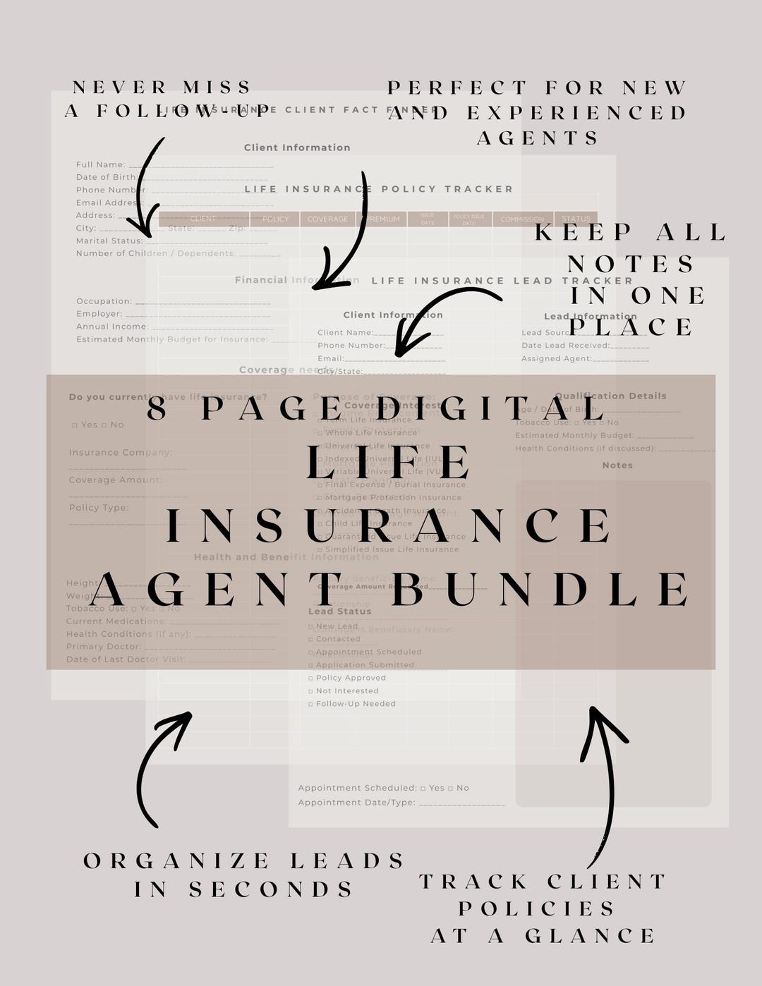 8-page Digital Life Insurance Agent Planner: Lead Tracker, Policy ...