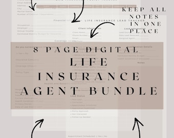 8-seitiger digitaler Lebensversicherungsagenten-Planer: Bundle aus Adressverfolger, Richtlinienveranstalter und Kundenfaktenfinder