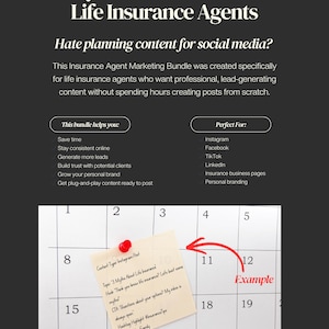May include: A content calendar for life insurance agents, with text that reads "30 day-Content Calendar for Life Insurance Agents." A sticky note on a calendar shows an example Instagram post with topic, hook, and call to action.