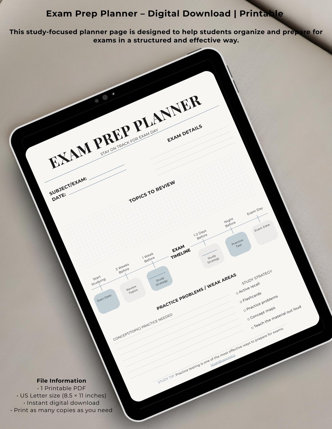 Digital Exam Prep Planner PDF – Study Timeline & Review – Printable ...