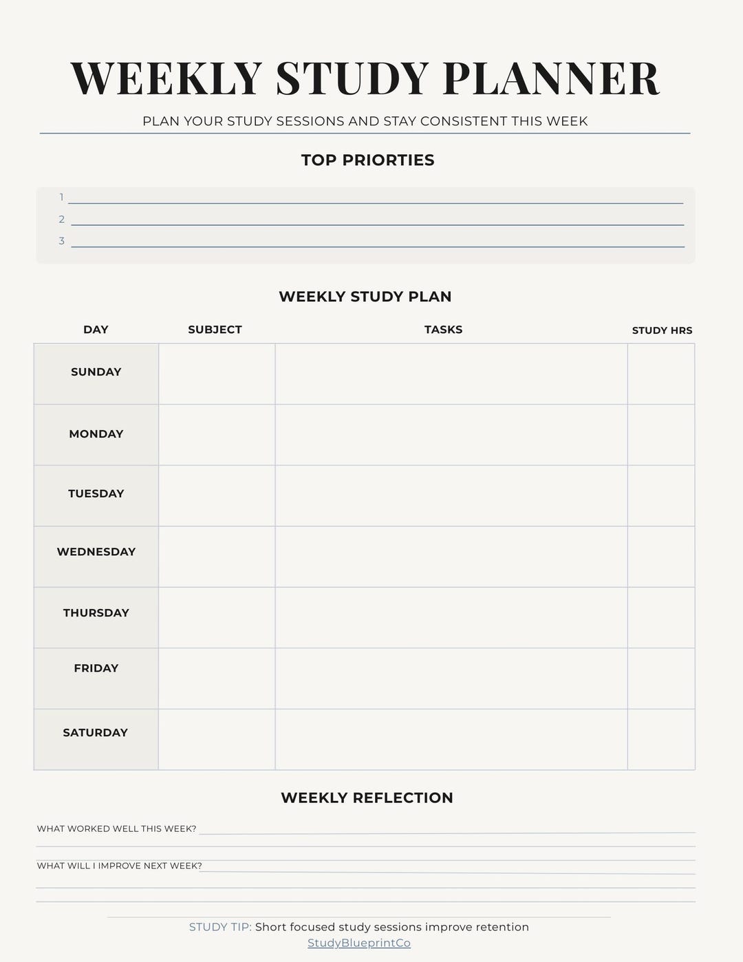 Digital Weekly Study Planner PDF – Monday or Sunday Start – Printable ...