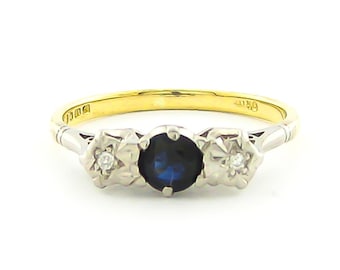 14k White and Yellow Gold Ring with Central Sapphire and Flanked Two Diamonds - Handcrafted Jewelry for the Zodiac Signs of Taurus and Virgo