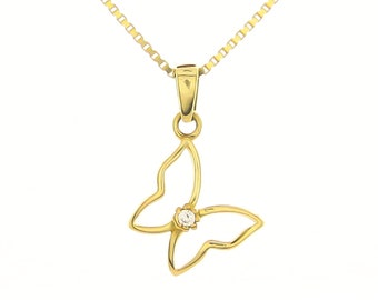 Tiny butterfly pendant made of 14k solid yellow gold and zircon for women necklace