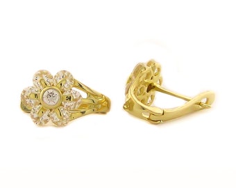 Pendientes de flores delicadas de oro macizo de 14 quilates / Acentos de piedra diminuta / Joyas adorables para niñas pequeñas / Pendientes florales para bebés / Regalo del día de la madre