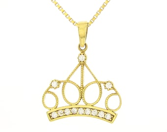 14k Yellow Gold Crown Pendant Charm Necklace Fine Jewelry For Women Gifts For Her