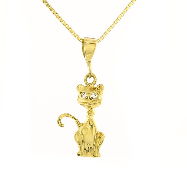 Solid 14k Yellow Gold Cat Pendant Charm Necklace Animal Fine Jewelry For Women Gifts For Her