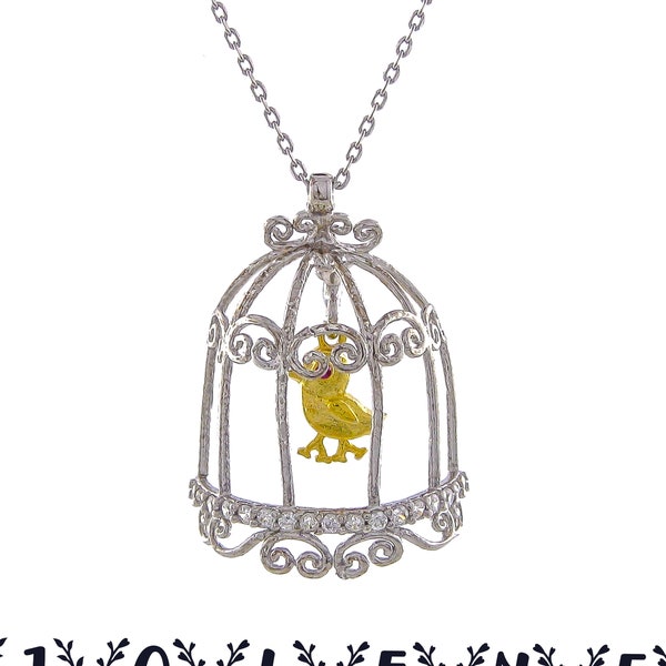 Collier de cage à oiseaux en argent 925 minuscule oiseau, long pendentif sur chaîne en argent, collier en argent sterling En argent sterling Chaîne en argent sterling, cage à oiseaux en argent.