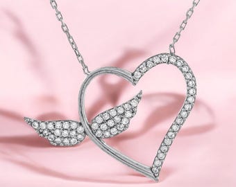 Colgante de corazón con alas, plata de ley 925, colgante conmemorativo, pequeño dije de corazón simple, regalo de joyería de corazón alado para su recuerdo de ángel