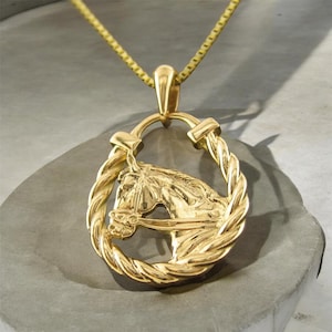 Gold Horse and Horseshoe Pendant - Handcrafted Equestrian Jewelry