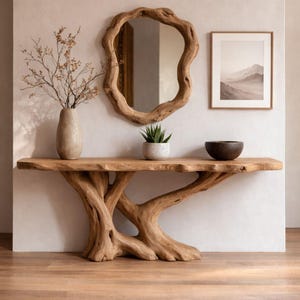 Live Edge Driftwood Base Console Table | Natural Wood Entryway Furniture