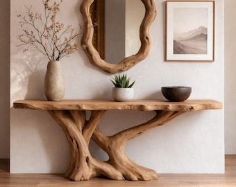 Consolle con base in legno di recupero con bordo naturale / Mobile da ingresso in legno naturale