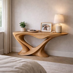 Consolle scultorea in rovere, mobile d'ingresso moderno e organico, decorazione minimalista per il corridoio.