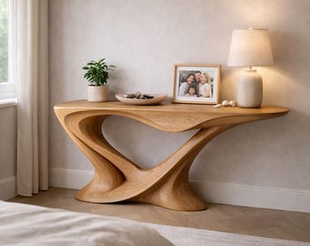 Rzeźbiarski dębowy stolik konsolowy, nowoczesne, organiczne meble do przedpokoju, minimalistyczny wystrój korytarza