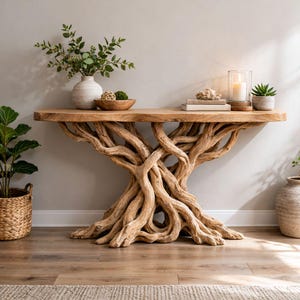 May include: A natural wood console table with a unique base made of intertwined branches. The tabletop is a single, thick slab of wood. Decorative items like plants, books, and a candle sit on the table. The table is approximately 72 inches long.