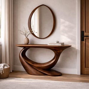 Moderne sculpturale houten consoletafel, luxe haltafel, handgemaakt designmeubilair, minimalistisch haldecor